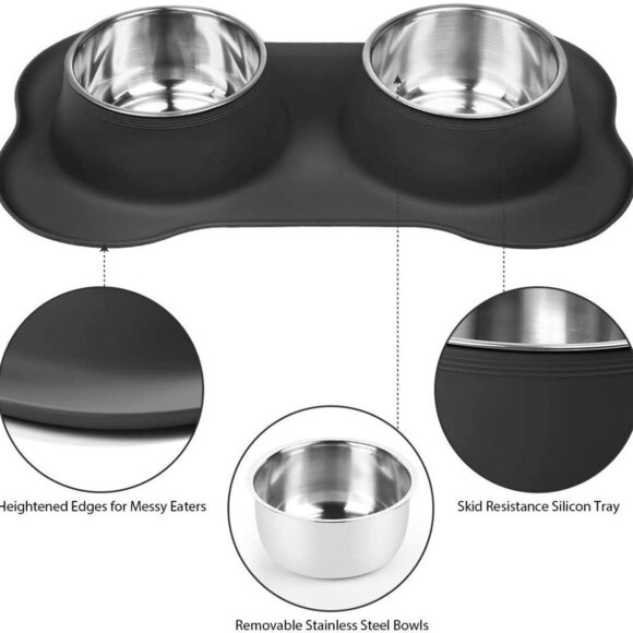 BONE SHAPED SILICONE MAT WITH STAINLESS STEEL PET FEEDING AND WATER BOWL… - Picture 1 of 8